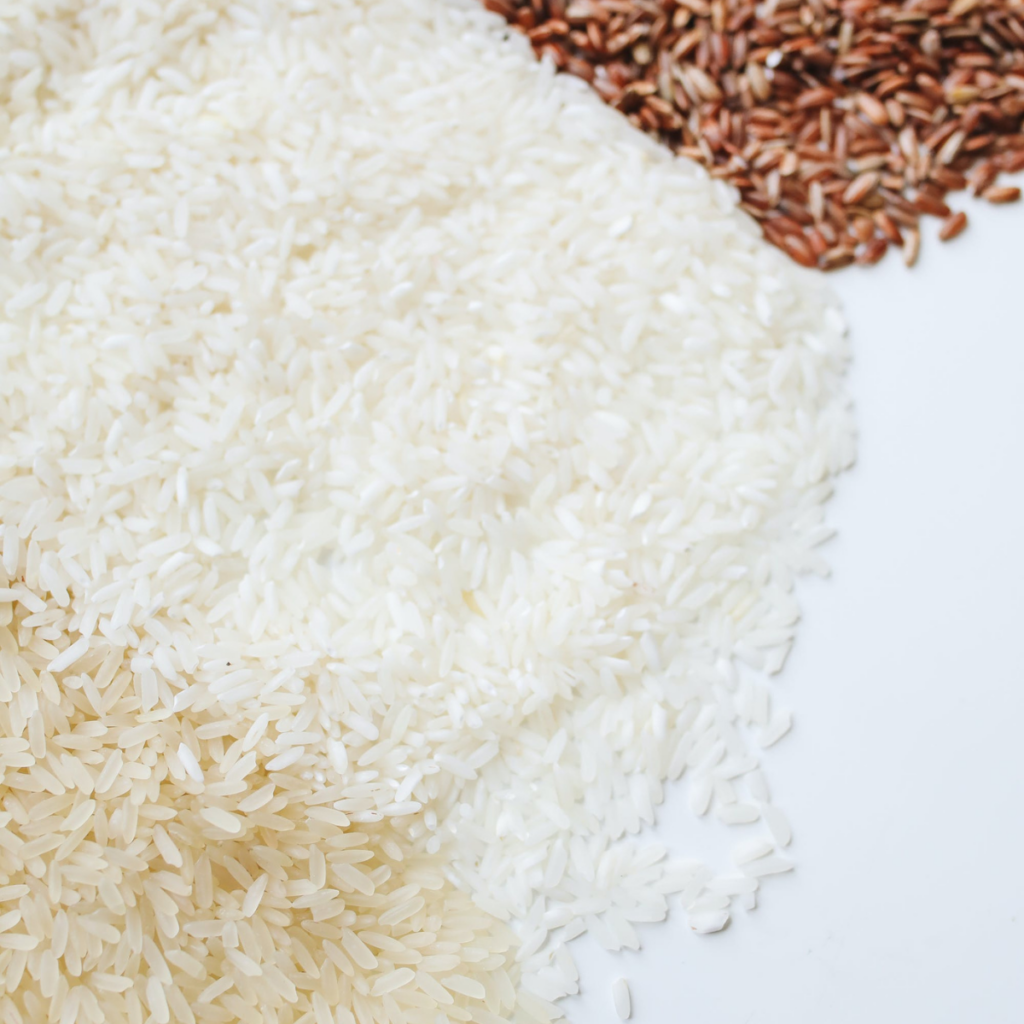 brown rice kernels, jasmine rice kernels & farrow are an example of grains, some of the essential pantry staples in a self-sufficient kitchen.