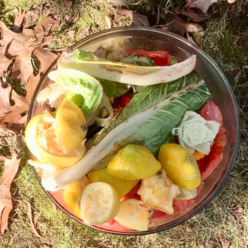 bowl of compostable food scraps is a sustainable kitchen practice & part of kitchen management systems like waste reduction