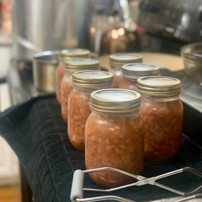 several jars of canned beans on a kitchen towel on a countertop is an example of using pressure canning to preserve food at home