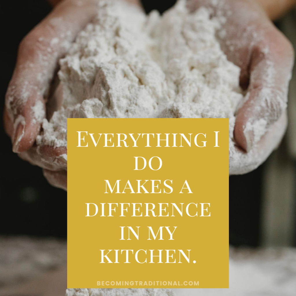 kitchen affirmation card shows open palmed hands holding baking flour with a text box that reads "everything i do makes a difference in my kitchen."