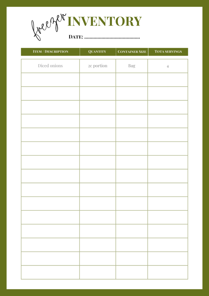 kitchen inventory worksheet for documenting freezer inventory in a kitchen log book for increased self-sufficient living
