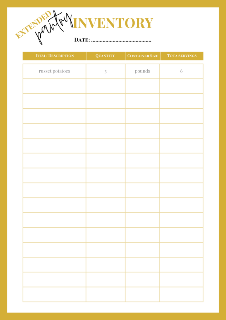 kitchen inventory worksheet for documenting extended pantry inventory in a kitchen log book for increased self-sufficient living