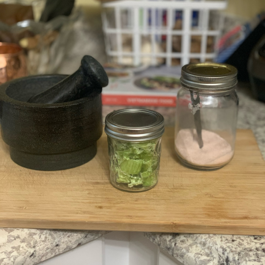 salt is used to preserve food at home like freeze dried celery that is ground using the mortar and pestle shown in the picture