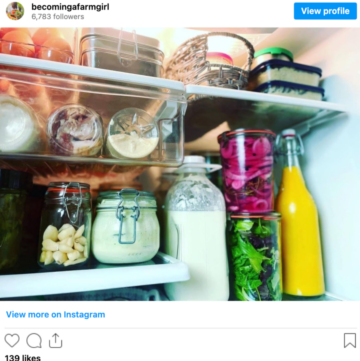 example of fridge & freezer organization shown with food stored in reusable, glass containers, baskets or bottles