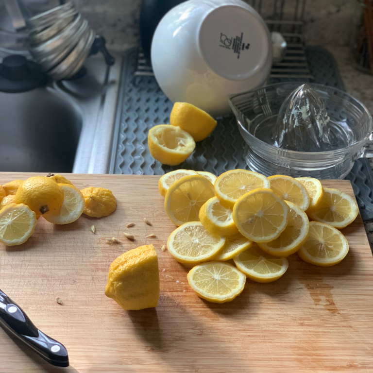 lemon slices on a cutting board with glass juicer in the background