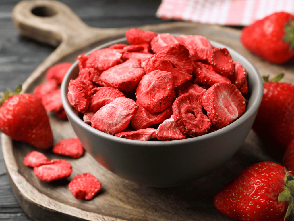 bright red sliced freeze dried strawberries in a bowl on a wooden tray