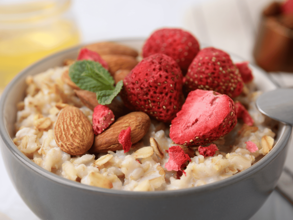 freeze dried strawberries in a bowl of oatmeal