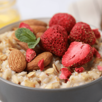 freeze dried strawberries in a bowl of oatmeal