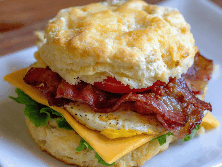 Delicious breakfast biscuit sandwich with bacon, egg, and cheese. Perfect for breakfast lovers.